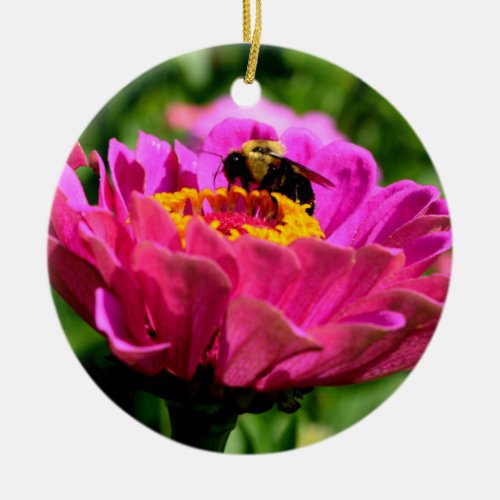 Pink zinnia with bumblebee pink flowers cute bee ceramic ornament