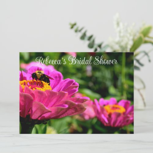 Pink zinnia with bumblebee pink flowers cute bee invitation