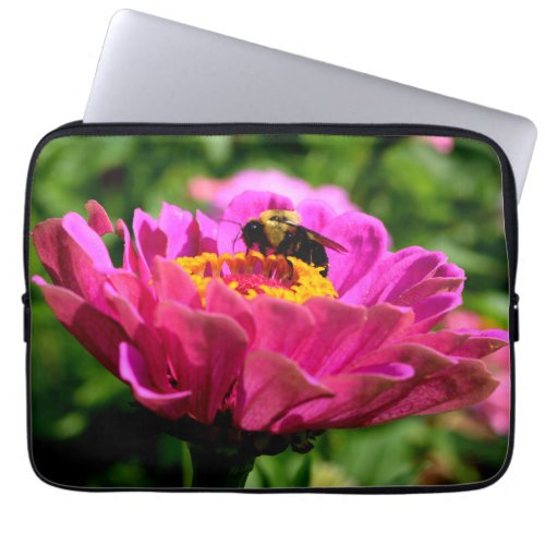 Pink zinnia with bumblebee pink flowers cute bee laptop sleeve