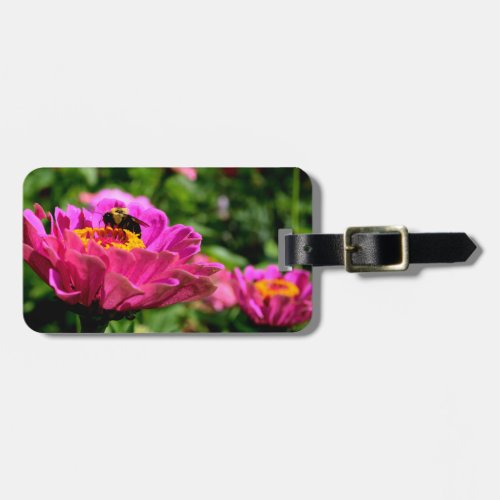 Pink zinnia with bumblebee pink flowers cute bee luggage tag