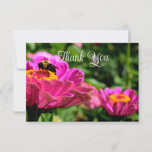 Pink zinnia with bumblebee pink flowers cute bee thank you card