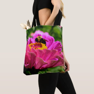 Pink zinnia with bumblebee, pink flowers, cute bee tote bag