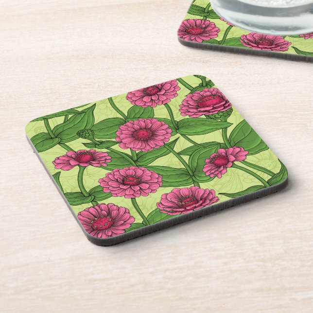 Pink Zinnias on light green Beverage Coaster (Left Side)
