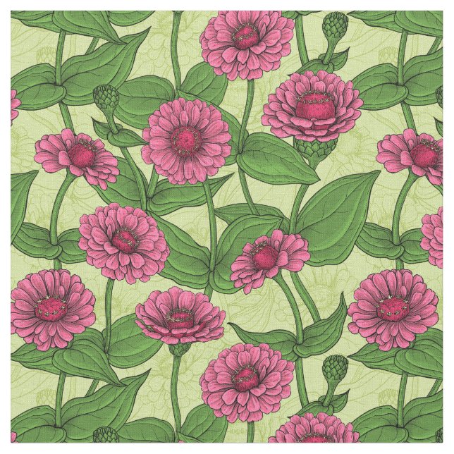 Pink Zinnias on light green Fabric (Close Up)