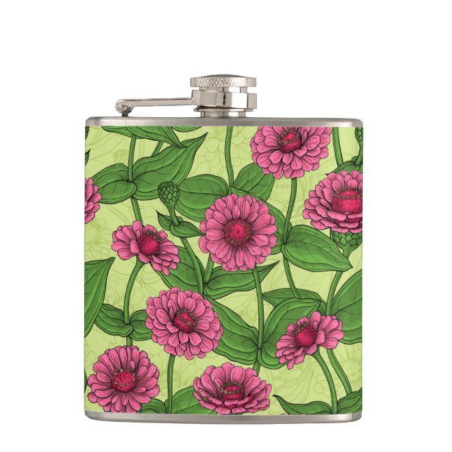 Pink Zinnias on light green Flask (Front)