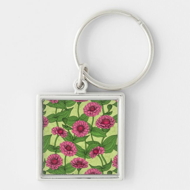 Pink Zinnias on light green Keychain (Front)