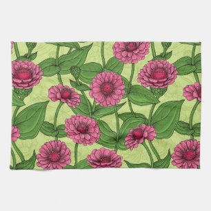 Pink Zinnias on light green Kitchen Towel
