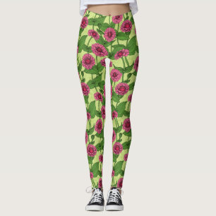 Pink Zinnias on light green Leggings