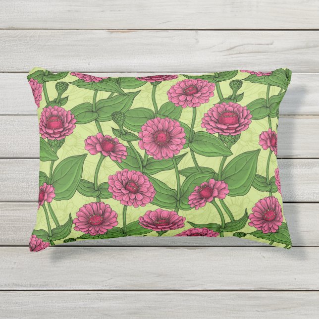 Pink Zinnias on light green Outdoor Pillow (Front)