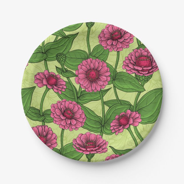 Pink Zinnias on light green Paper Plates (Front)