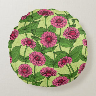 Pink Zinnias on light green Round Pillow
