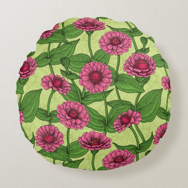 Pink Zinnias on light green Round Pillow (Front)