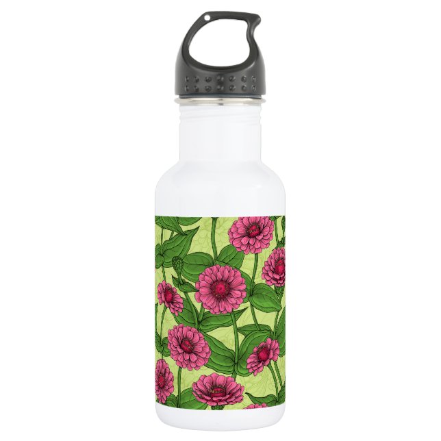 Pink Zinnias on light green Stainless Steel Water Bottle (Front)