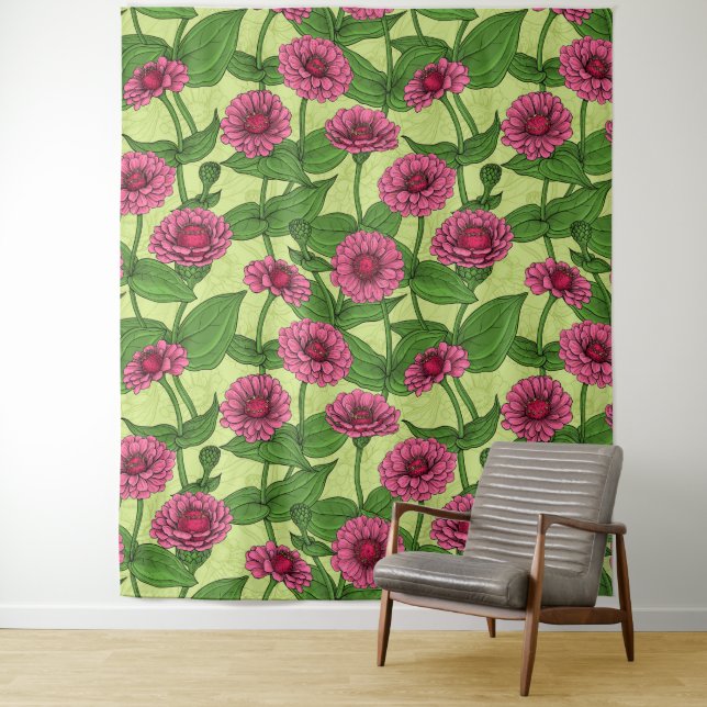 Pink Zinnias on light green Tapestry (In Situ)