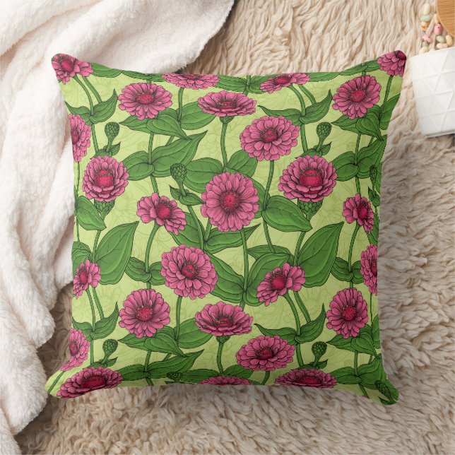 Pink Zinnias on light green Throw Pillow (Blanket)