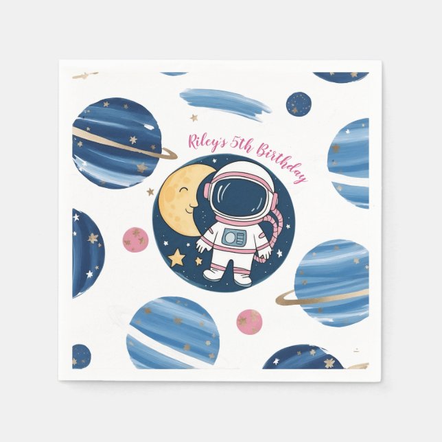 PinkBlue Astronaut Birthday Paper Splet Napkins (Front)