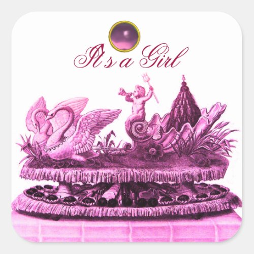 PINKCHARIOT OF SWANS CUPCAKES GIRL BABY SHOWER SQUARE STICKER