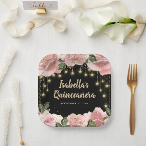 PinkGold String Light Star Black Quinceaera Name  Paper Plates