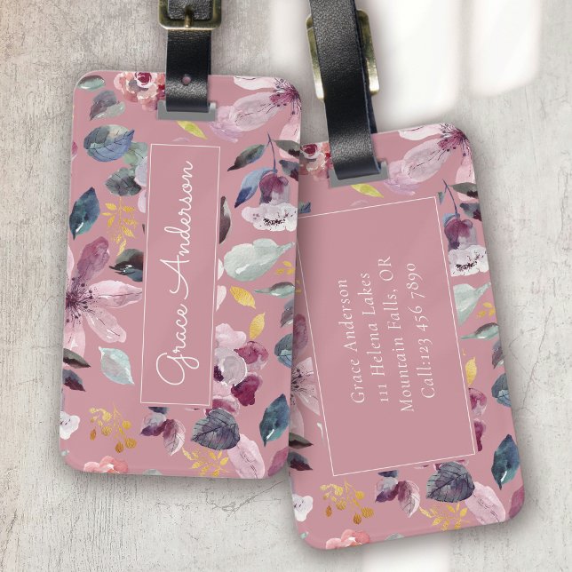 Pinki Floral Pattern Gold Monogram  Luggage Tag (Creator Uploaded)