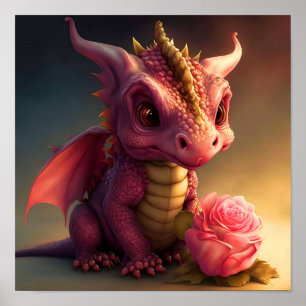 Pinkie - Pink Dragon with a Rose Poster Art