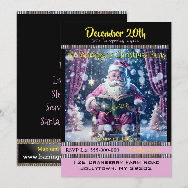 Pinkish Santa Snow Day Christmas Party Invitation (Front/Back)
