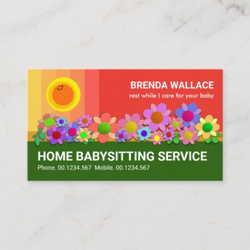 Pinkish Sky Happy Sun Colorful Flowers Babysitting Business Card