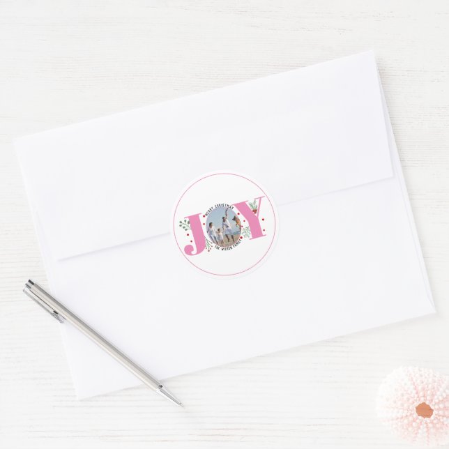 PinkJoy with berries Christmas photo Holiday Classic Round Sticker (Envelope)