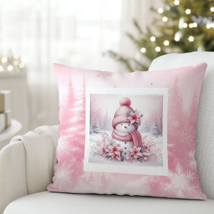 Pinkmas Cozy Snowman Pillow Winter Forest Decor