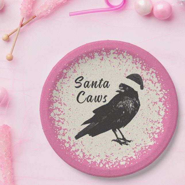 Pinkmas Crow Santa Pink Black and Ivory Christmas Paper Plates (Fun pink, ivory, and black "Santa Caws" plates are great for your holiday time or Pinkmas party. )