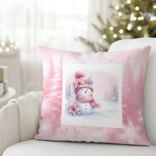 Pinkmas Snowy Forest Snowman Kids Room Decor Throw Pillow