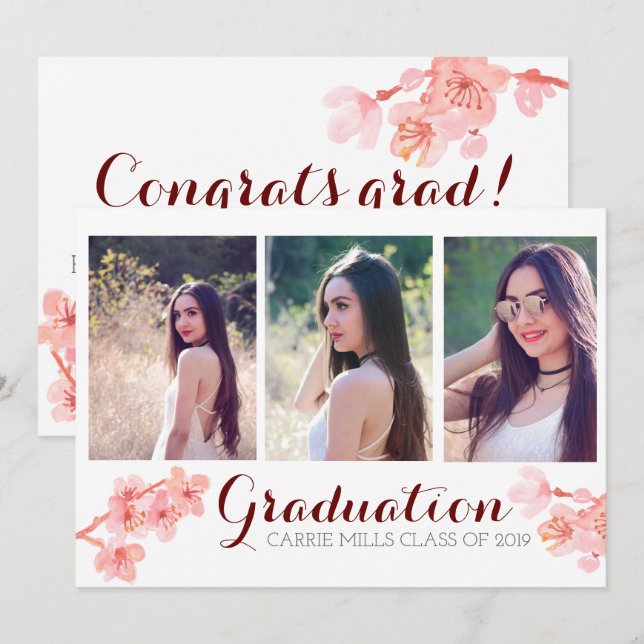 Pinkn cherry blossom graduation photo invite (Front/Back)