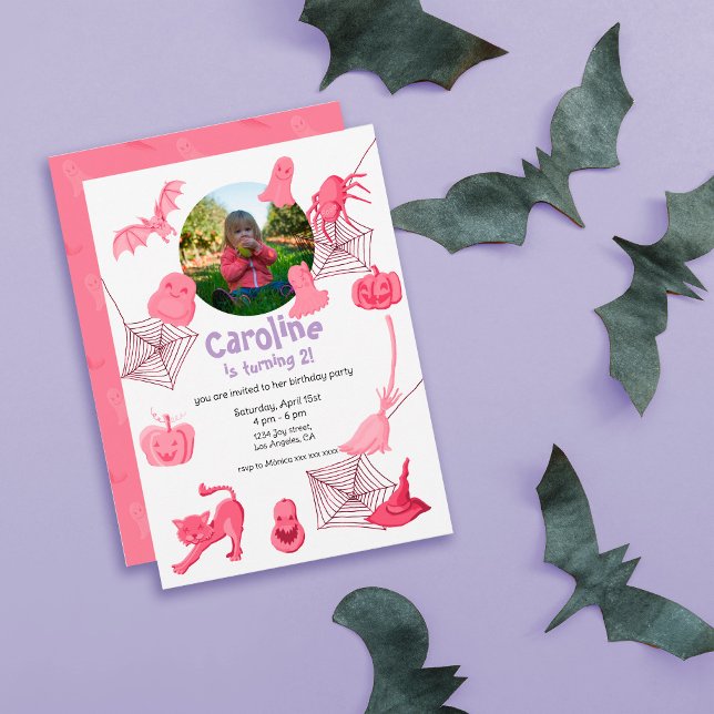 Pinkn Halloween-themed birthday party invitation (Pink and white halloween birthday party invitation)