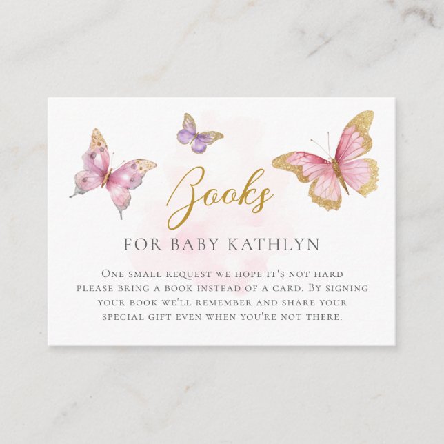 PinkPurple Gold Butterfly Baby Shower Book Request Enclosure Card (Front)