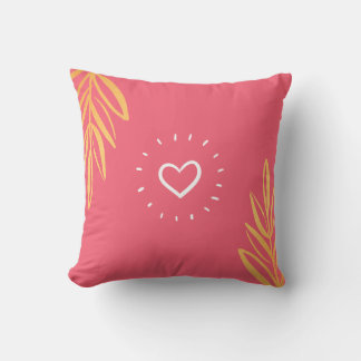 PinkREd with Yellow leaves and White heart Throw Pillow