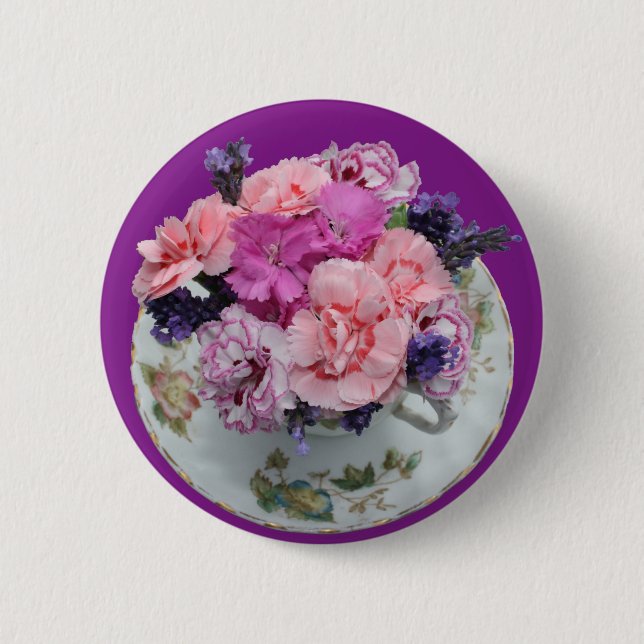 Pinks carnations in teacup button (Front)