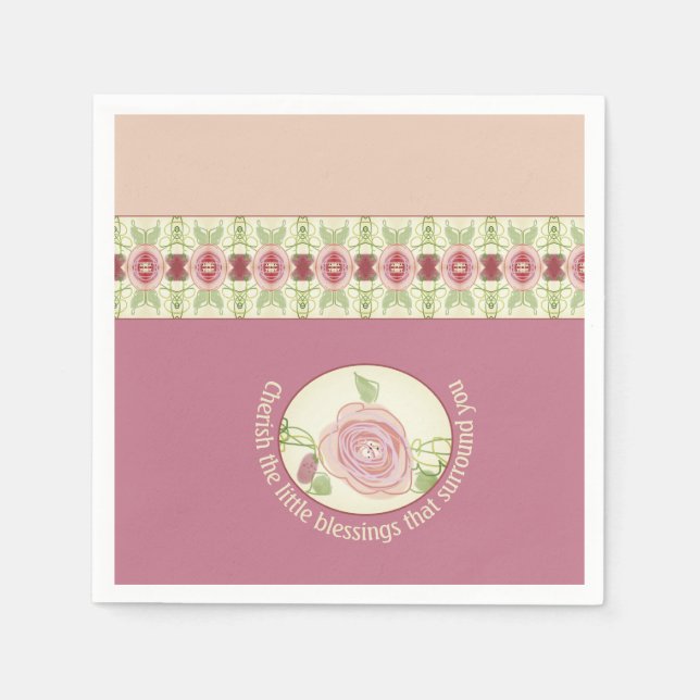 Pinks Greens and Cream Pattern Accented Napkins (Front)