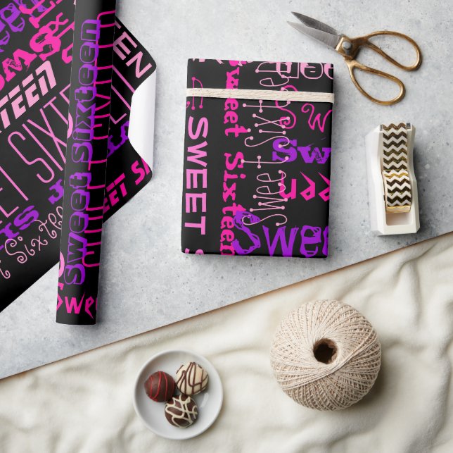 Pinks Sweet Sixteen Word Jumble Wrapping Paper (Crafts)