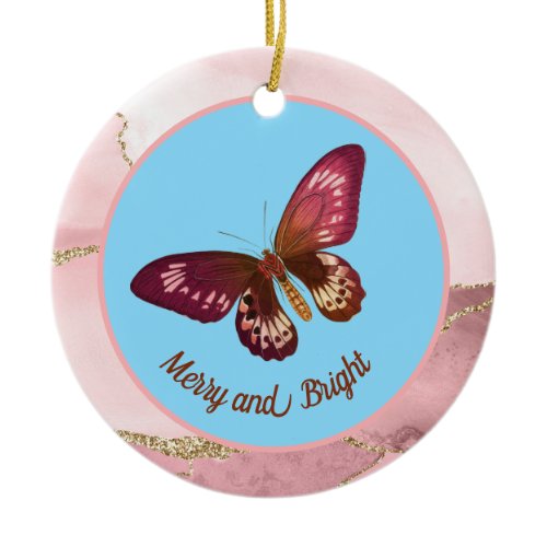 Pinky Peach Butterfly on Blue Sky Merry and Bright Ceramic Ornament