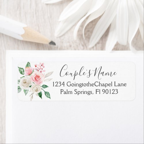 Pinky Peach White Watercolor Floral Wedding Label