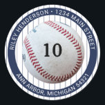 Pinstripe Baseball Birthday Party Return Address Classic Round Sticker<br><div class="desc">Add these cute baseball return address labels to your baseball themed birthday party invitations and thank you cards for a fun festive party. The design features a baseball with the player's team number or age,  on a pinstripe background.</div>