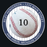 Pinstripe Baseball Birthday Party Return Address Classic Round Sticker<br><div class="desc">Add these cute baseball return address labels to your baseball themed birthday party invitations and thank you cards for a fun festive party. The design features a baseball with the player's team number or age,  on a pinstripe background.</div>