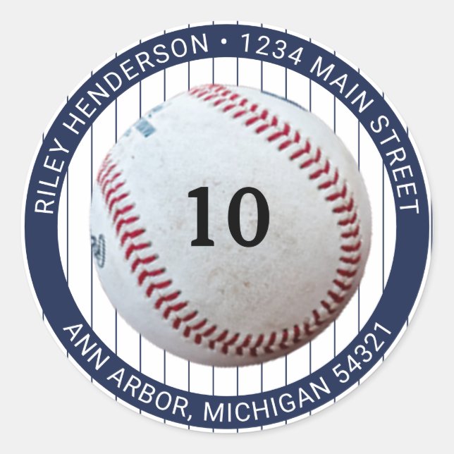 Pinstripe Baseball Birthday Party Return Address Classic Round Sticker (Front)