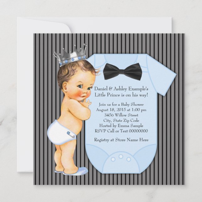 Pinstripe Black Blue Prince Baby Shower Invitation (Front)