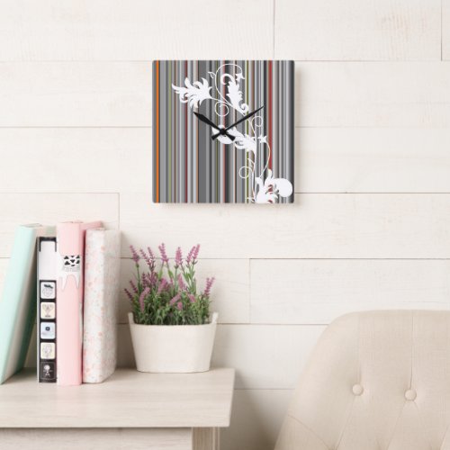 Pinstripe Pattern with White Floral Square Wall Clock