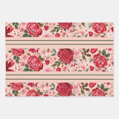 Pinstripe Pink Roses Wrapping Paper Sheets
