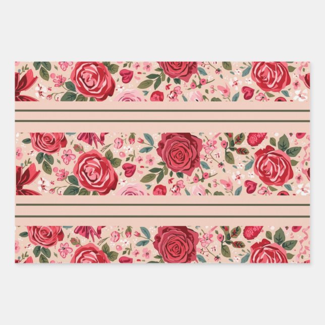 Pinstripe Pink Roses Wrapping Paper Sheets (Front)