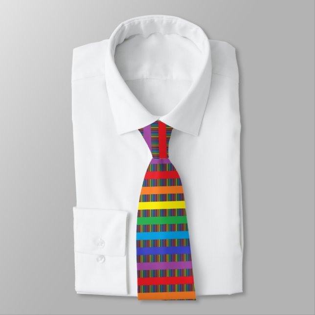 Pinstripe Rainbow and Rainbow Stripes Black Neck Tie (Tied)