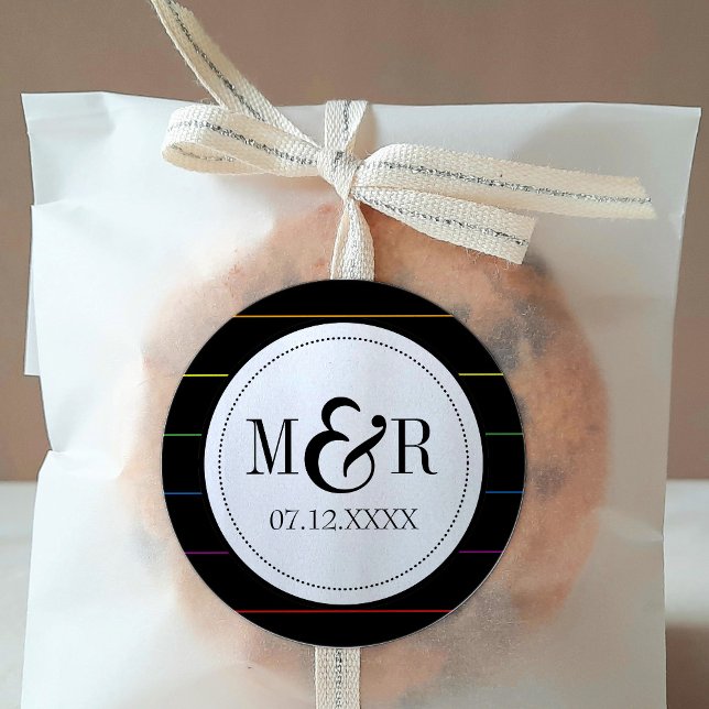 Pinstripe Rainbow on Solid Black LGBT Wedding Classic Round Sticker (Creator Uploaded)
