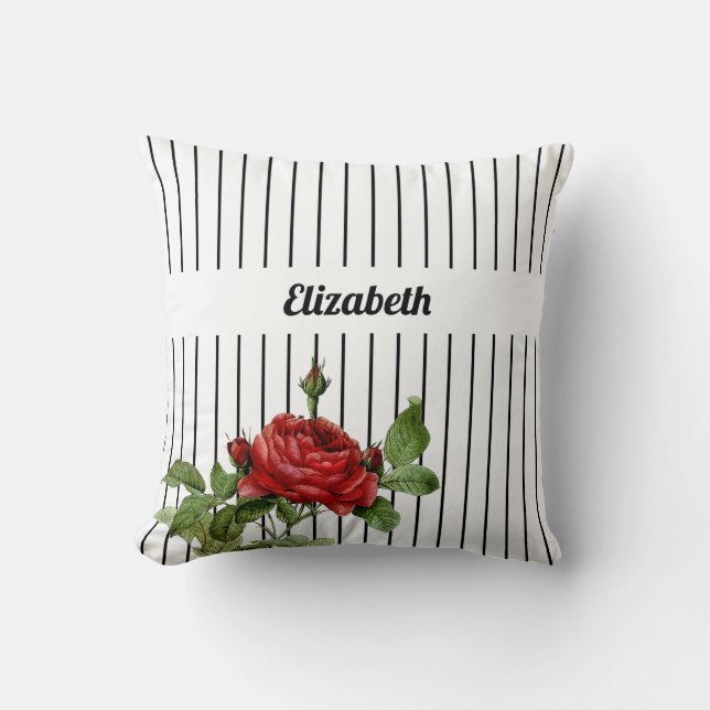 Pinstripe Red Rose Name Throw Pillow (Front)