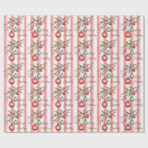 Pinstripe Watercolor Ornaments Merry Christmas Wrapping Paper